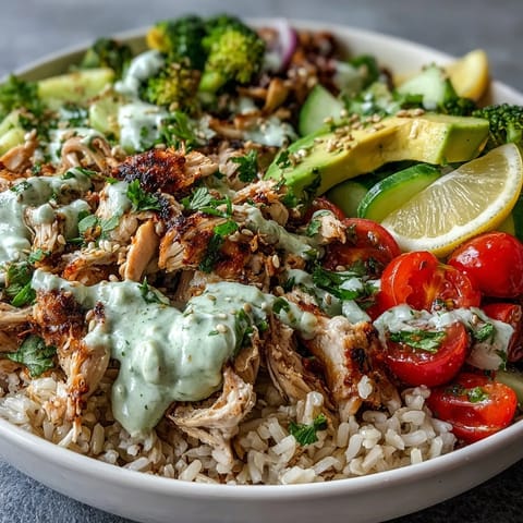A hearty Rotisserie Chicken Bowl featuring shredded chicken, cucumber, and red onion, topped with a spicy sriracha mayo drizzle and sesame seeds.