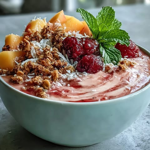 Creamy guava and mango smoothie bowl topped with crunchy granola, fresh berries, and coconut flakes for a healthy tropical breakfast.
