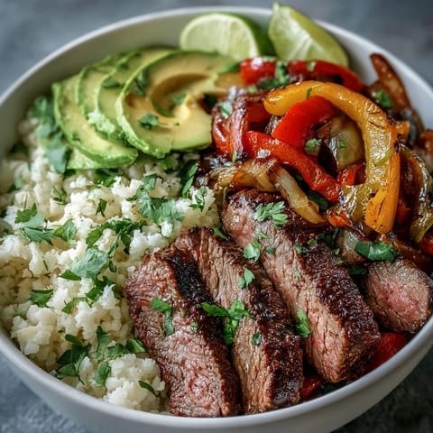 Steak Fajita Bowl served in a rustic bowl, featuring tender steak, charred peppers, onions, and cauliflower rice, with lime wedges and fresh cilantro for a Tex-Mex meal.