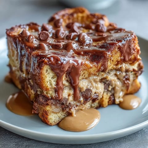 Golden-brown High-Protein Peanut Butter & Chocolate Baked French Toast fresh from the oven, topped with a warm peanut butter drizzle.