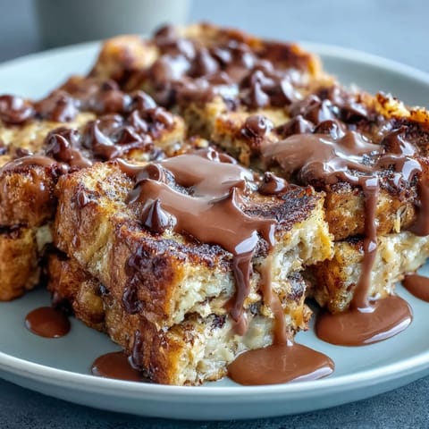A close-up of a slice of High-Protein Peanut Butter & Chocolate Baked French Toast with fresh berries and chocolate chips.