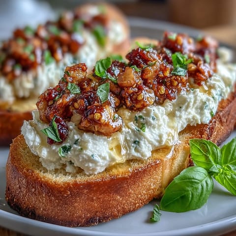 Toasted bread topped with ricotta, finished with chili crunch and a fresh basil garnish.