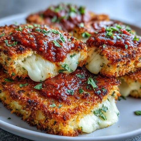 Fresh basil garnishes this bubbling, vegetarian Crispy Tofu Chicken Parm Bakes, highlighting the golden crust and rich red sauce straight from the oven.