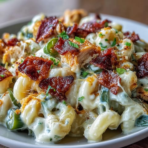 Creamy Jalapeño Popper Chicken Pasta in a white bowl, topped with crispy bacon, melted cheese, and fresh chives.