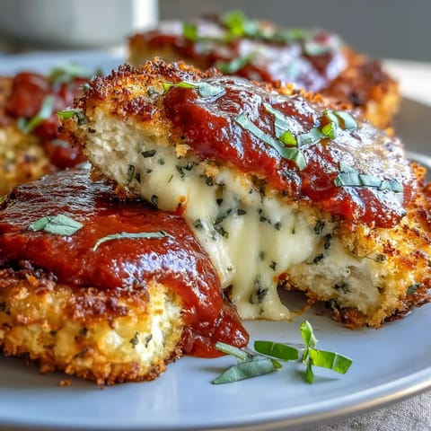 Fresh basil garnish tops golden Asiago-crusted tofu cutlets for a hearty vegetarian dinner.