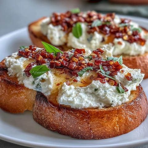 Golden toasted baguette slices piled high with whipped ricotta, drizzled with spicy hot honey and chili crunch.
