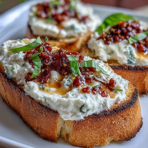 Crisp bread topped with creamy ricotta and a vibrant drizzle of hot honey, garnished with fresh basil.