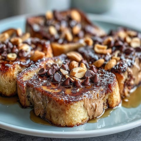 A baked slice of High-Protein Peanut Butter & Chocolate Baked French Toast drizzled with maple syrup.
