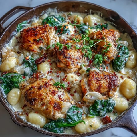 Golden-brown chicken thighs sit in a creamy Parmesan sauce with spinach and gnocchi in a skillet.