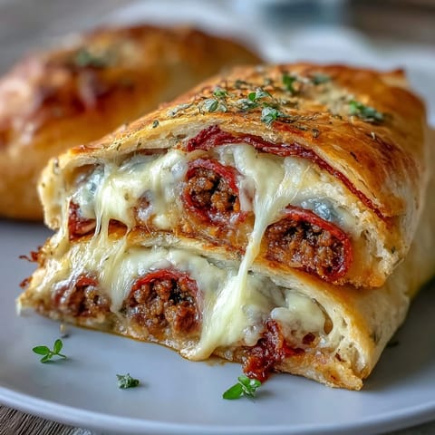 Close-up of sliced Baked High-Protein Pepperoni Stromboli showing layers of melted mozzarella, spicy pepperoni, and hearty beef filling.