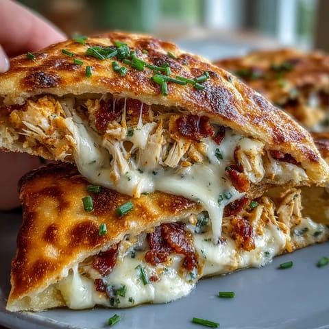 Golden brown grilled Ranch Crack Chicken Stuffed Naan cut into wedges, revealing melted cheddar and bacon inside.