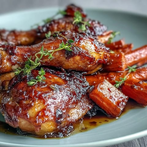 Sheet Pan Honey Garlic Chicken Drumsticks with Roasted Carrots glisten with sticky glaze, served hot and sizzling from the oven.