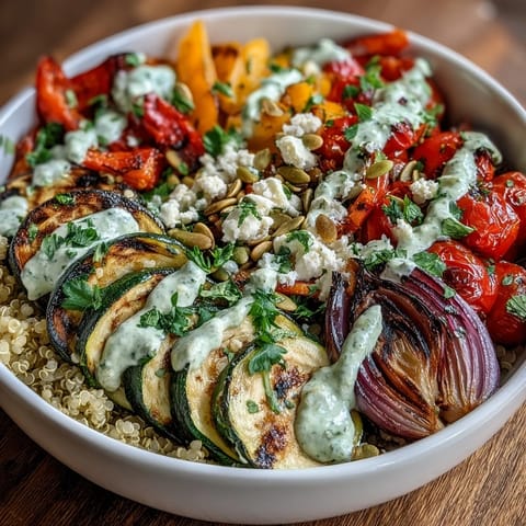 Freshly grilled zucchini, bell peppers, and red onions top fluffy quinoa in this vibrant Grilled Veggie and Quinoa Power Bowls with Tahini Drizzle recipe.