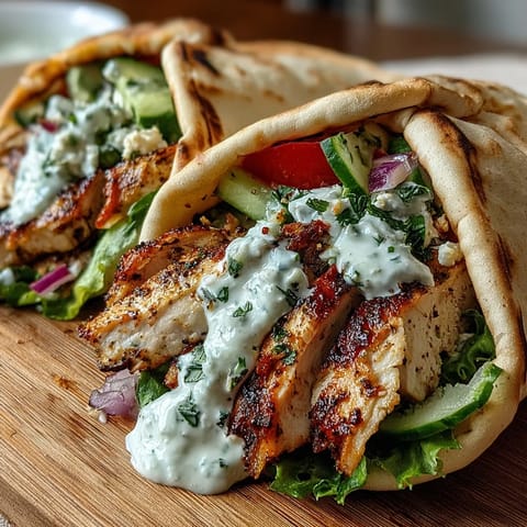 Freshly prepared Mediterranean chicken pita pockets with crisp vegetables and creamy dill yogurt drizzle. 