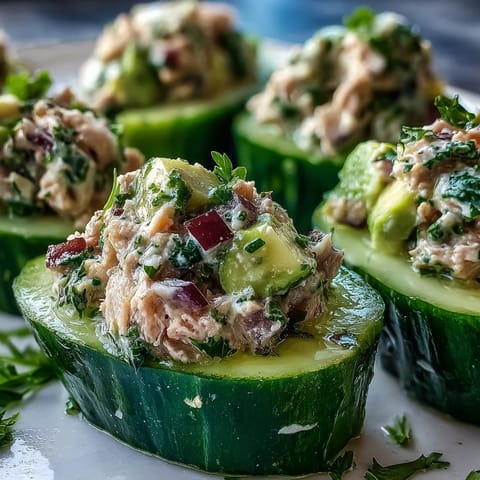 Freshly scooped cucumber boats overflowing with zesty tuna and creamy avocado salad, ready for a quick 10-minute lunch.