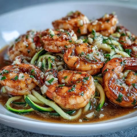 Fresh zucchini noodles tossed in rich garlic butter sauce with tender shrimp, offering a low-carb twist on classic pasta.