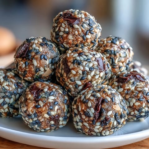 Black sesame energy balls made with oats, tahini, and toasted seeds, perfect for a healthy snack.  