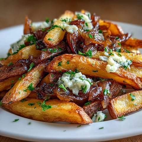 Crispy steak fries drizzled with rich onion and garlic butter for a savory side dish.
