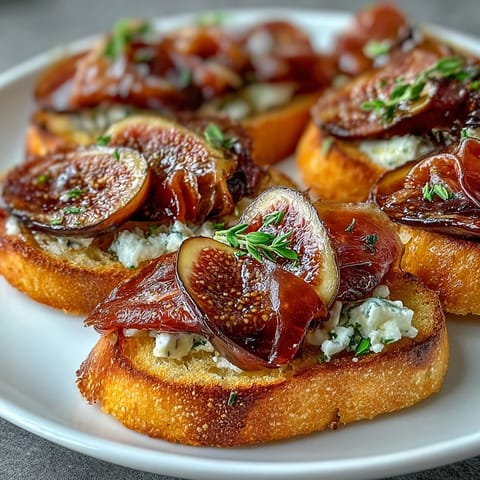 A tempting platter of crostini topped with prosciutto and fresh figs, drizzled with honey and garnished with thyme leaves.