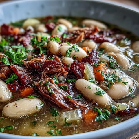 Rich and comforting white bean and ham hock soup, simmered with vegetables and herbs for deep flavor.  