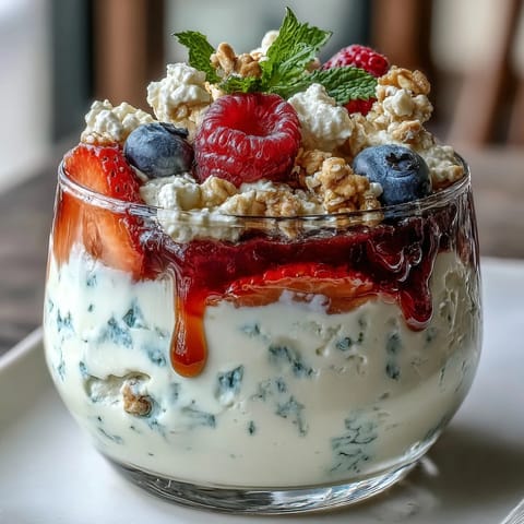 Layered parfait featuring low-fat cottage cheese, vibrant berries, and golden granola, drizzled with honey for a nutritious, satisfying start.