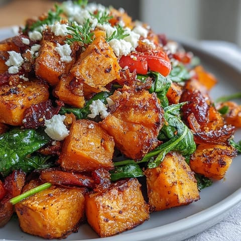 Vibrant breakfast hash featuring tender sweet potatoes, juicy orange segments, and colorful bell peppers baked to perfection.  