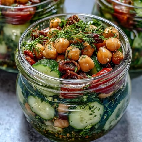 Vibrant Mediterranean-style salad jars with crisp cucumber, chickpeas, citrus dressing, and herbs, perfect for healthy on-the-go lunches.  