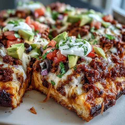 Low-carb taco pizza skillet meal featuring a golden cheese base topped with avocado and sour cream.  