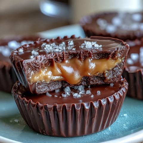 Homemade peanut butter cups with salted caramel, rich chocolate coating, and a sprinkle of flaky sea salt for a sweet-salty dessert.  