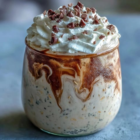 Vanilla-infused coffee overnight oats topped with whipped cream and mini chocolate chips for a café-style breakfast.  