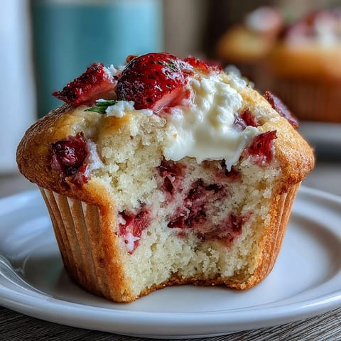 Fluffy strawberry Greek yogurt muffins topped with juicy berries, perfect for a healthy breakfast or snack.