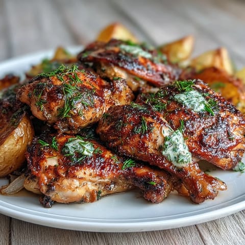 Lemon herb roasted chicken and potatoes, golden and fragrant, with fresh herbs and lemon slices for a classic spring dinner.