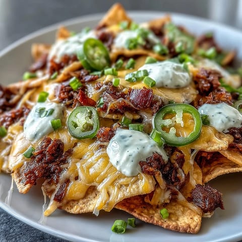 Crispy tortilla chips loaded with seasoned beef, gooey cheese sauce, and tangy jalapeños—perfect game day nachos.  