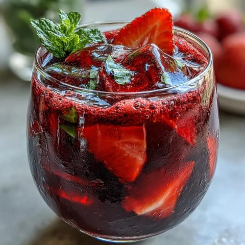 A vibrant glass of Homemade Starbucks Strawberry Açaí Refresher with fresh strawberry slices and açaí swirls.