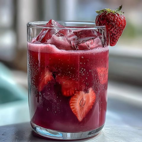 Refreshing pink drink with strawberry açaí and coconut milk, garnished with fresh strawberry slices for a vibrant summer beverage.