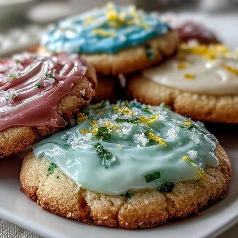 Lemon Sugar Cookies with Pastel Glaze, soft and buttery, topped with vibrant pastel icing, a delightful treat for Easter or garden parties.