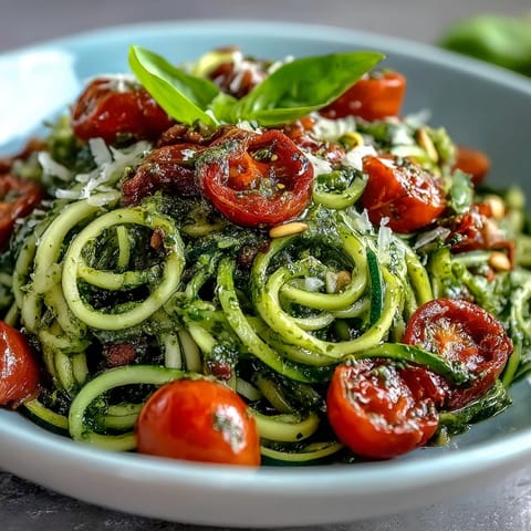Light and healthy spiralized zucchini with homemade pesto, cherry tomatoes, and a sprinkle of Parmesan.  
