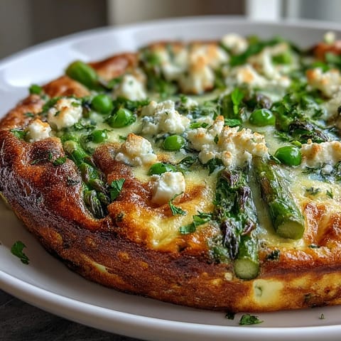 Vibrant spring frittata with asparagus, peas, and creamy goat cheese, perfect for a light brunch or dinner.