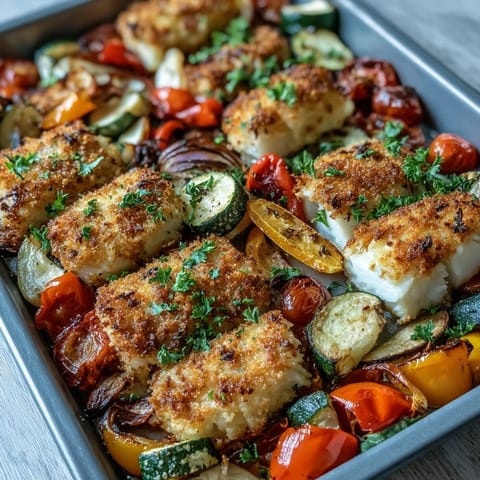 Crispy Parmesan Crusted Sheet Pan Fish & Veg roasted with colorful peppers and tomatoes on a single tray.