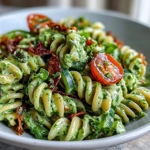 Creamy Green Goddess Pasta Salad with cherry tomatoes, cucumber, and spinach in avocado-basil dressing.