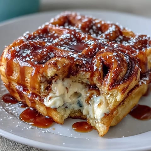 Fluffy cinnamon roll waffles with a golden swirl, drizzled with rich vanilla cream cheese glaze for a sweet breakfast treat.  