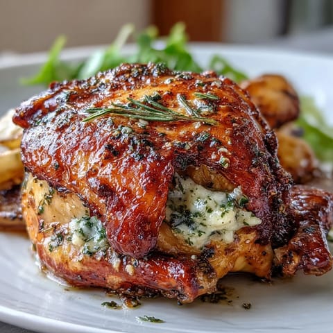 Herb Butter Roast Chicken with golden crispy skin and aromatic preserved lemon stuffing, ready to carve for a French-inspired dinner.