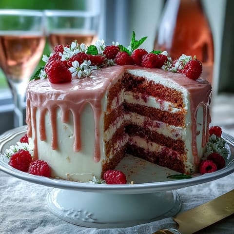 Delicate pink Bridal Shower Rosé Velvet Cake with shimmering gold drip.