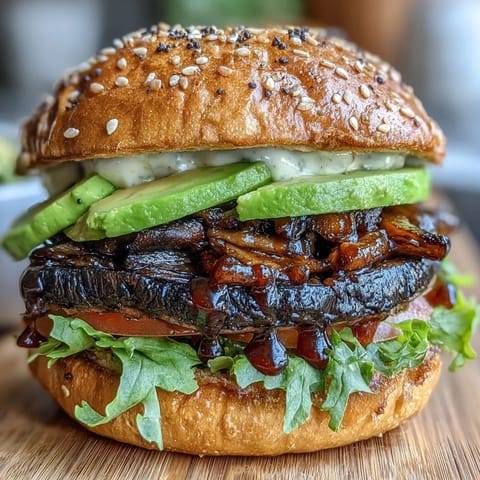 Juicy grilled portobello mushroom burgers piled high with creamy avocado and fresh toppings.