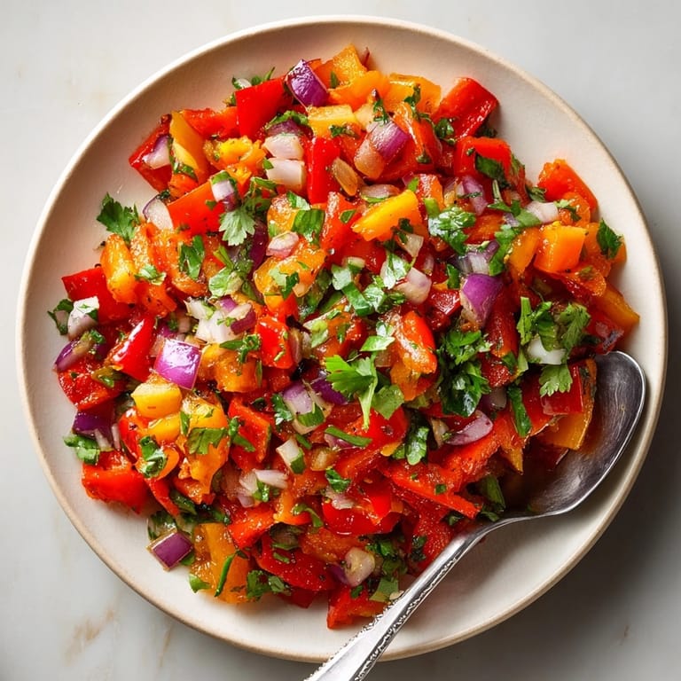 Bright red Mild Roasted Red Pepper and Garlic Salsa, ready to be blended for smoky taco topping.