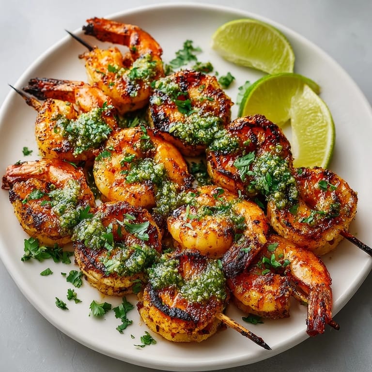 Vibrant Chili Lime Grilled Shrimp, lightly charred from the grill and served with creamy cilantro sauce.