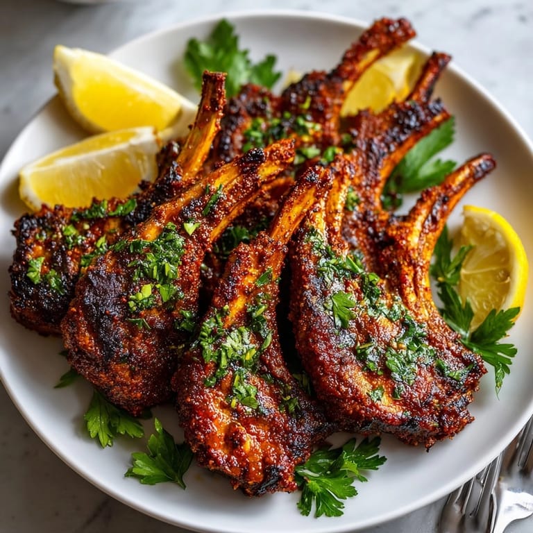 Close-up of golden-brown Smoked Paprika Rubbed Lamb Chops, beautifully plated and ready to eat with lemon.
