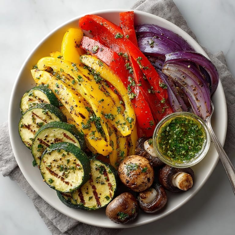 A platter of flavorful Piri-Piri Grilled Vegetables alongside a bright green, fresh herb dipping sauce.