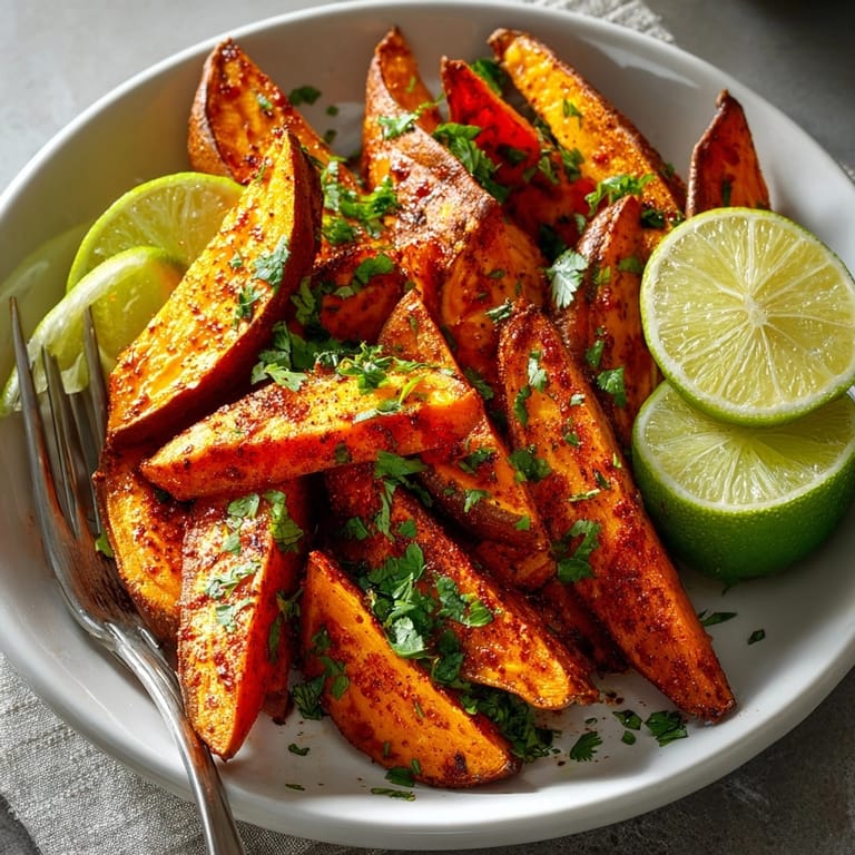 Delicious, homemade Chili-Spiced Roasted Sweet Potato Wedges, bursting with flavor after a savory roast in the oven.