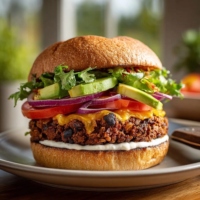 Close-up of a delicious Smoked Chipotle Black Bean Burger, piled high and ready to enjoy.
